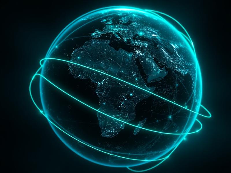 Glowing planetary data network wrapping Earth from space