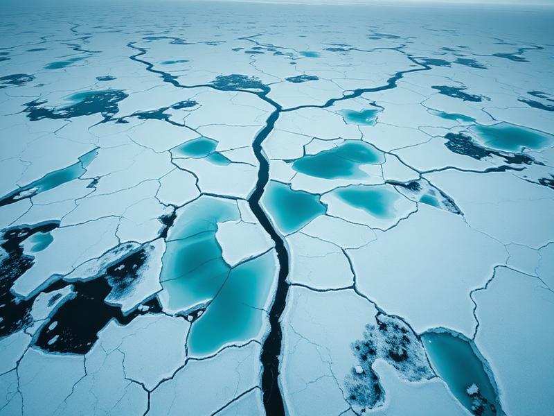 Aerial view of fracturing polar ice sheet with turquoise meltwater pools