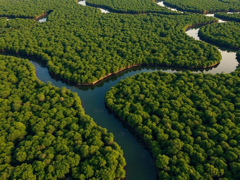Aerial view of restored mangrove forest with winding tidal channels