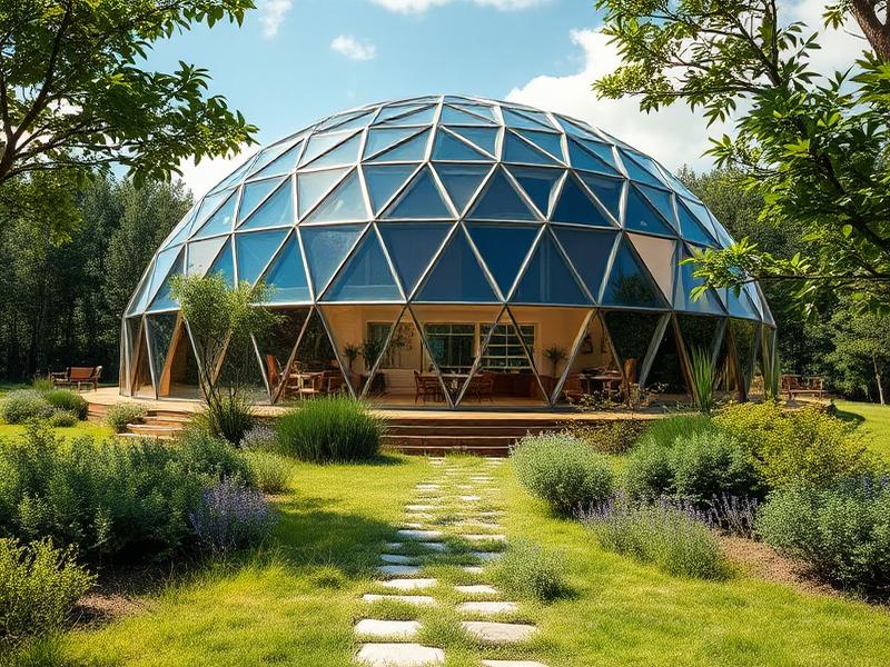 Futuristic geodesic glass dome habitat in a lush landscape